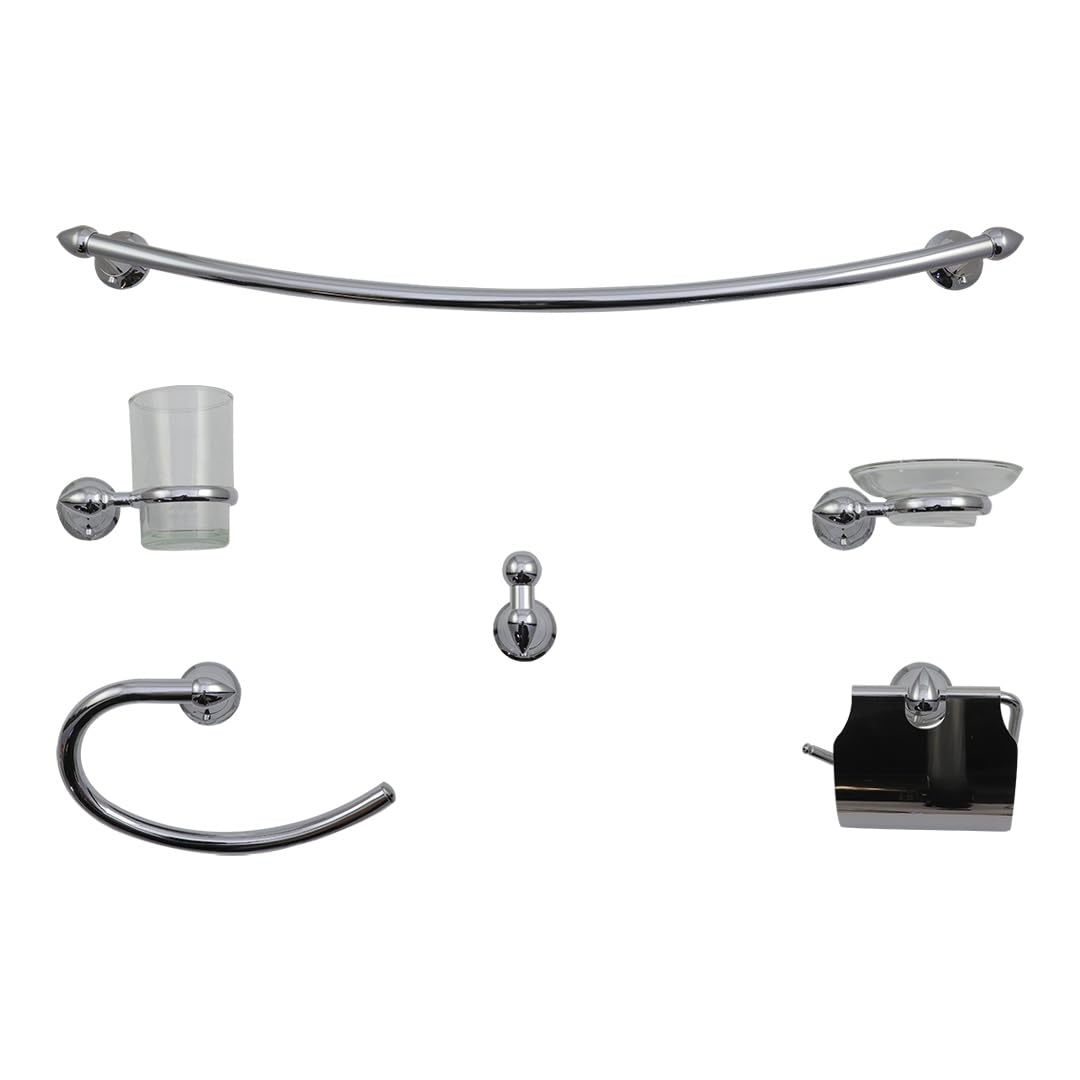 Anbec JAB8906C Juego de Accesorios para Baño 6 Piezas, Cuerpo Metálico, Incluye 1 Toallero de Barra, 1 Cepillero con Vaso, 1 Porta Rollo, 1 Jabonera con Base, 1 Toallero de Argolla, 1 Gancho, Cromado