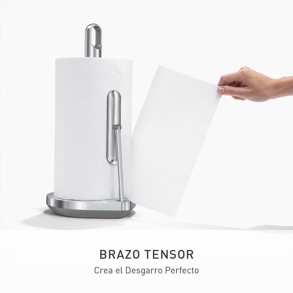 simplehuman Porta Toallas de Papel con Aspersor, Acero Inoxidable Cepillado | Dispensador Todo en Uno de Toallas de Papel y Limpiador, Bomba Rellenable de 6 oz, Corte con Una Sola Mano y Base con Peso