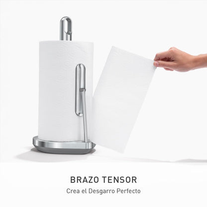 simplehuman Porta Toallas de Papel con Aspersor, Acero Inoxidable Cepillado | Dispensador Todo en Uno de Toallas de Papel y Limpiador, Bomba Rellenable de 6 oz, Corte con Una Sola Mano y Base con Peso
