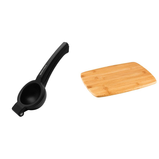 Exprimidor Grande de Limones Vasconia Básicos Color Negro, Hecho de Aluminio Anodizado de Gran Resistencia + 4048117 Tabla Para Picar Básicos de Bambú, Café, Mediana