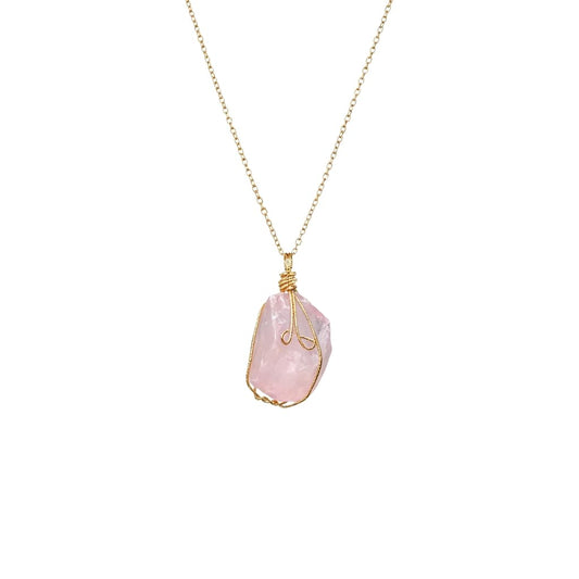 XYPHIELLE Collar de Cuarzo Rosa Natural para Mujer, Dije de la Piedra del Amor Envuelto en Alambre, Joyería Romántica y Femenina, Regalo de Ternura