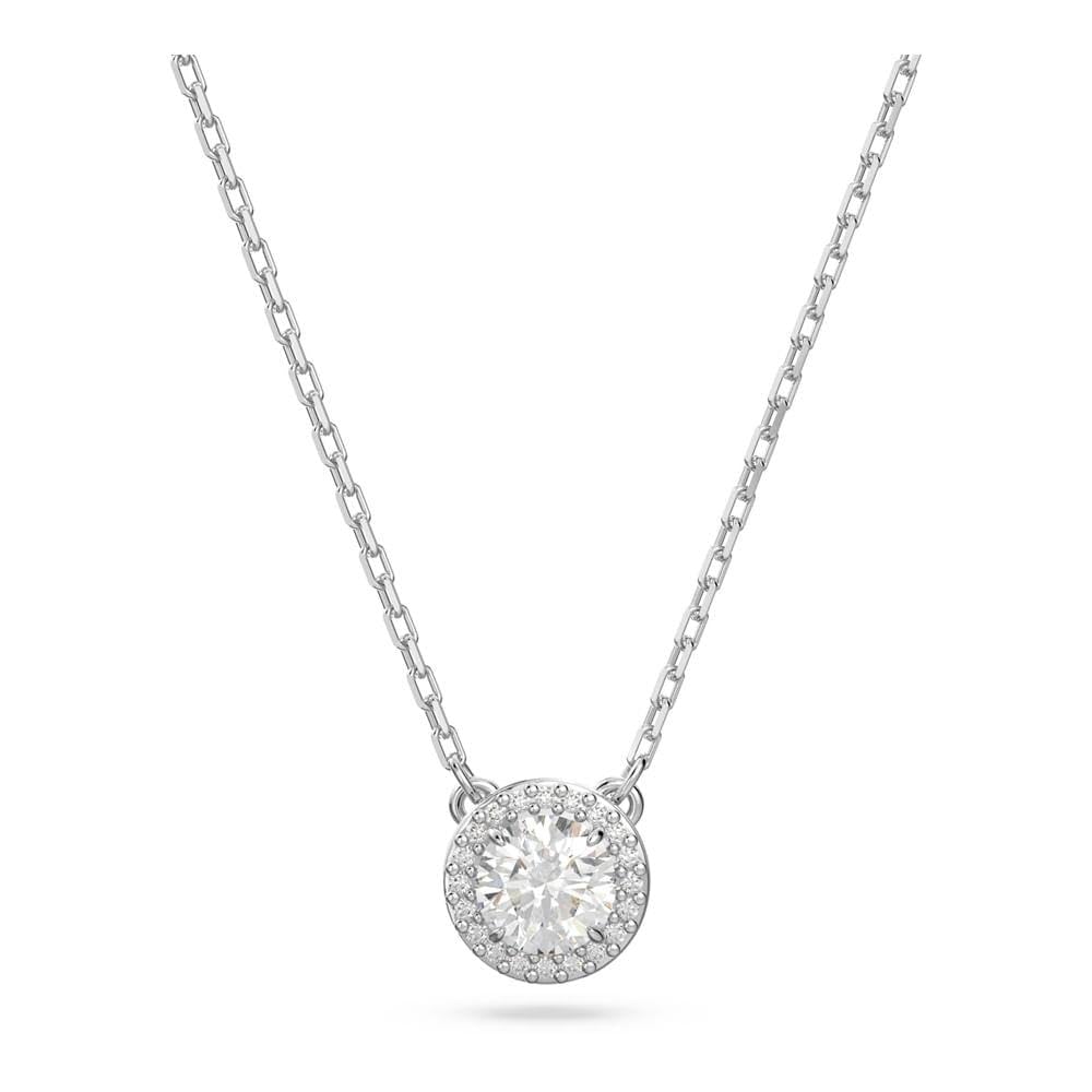 SWAROVSKI - Colgante angélico con vidrio transparente circular y pavé de vidrio transparente en una cadena chapada en rodio