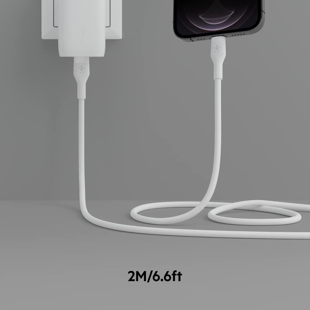 Belkin BoostCharge Flex Cable de silicona USB-C a Lightning (2 m, 6.6 pies), cable de carga certificado MFi para iPhone Series con clip de cable, color blanco