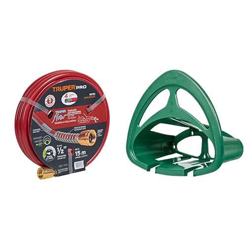 Truper MAN-15X1/2X, Manguera armada super reforzadas 4 capas, conexiones metálicas, 1/2", 15 m + Truper GAN-MAV, Portamanguera de plástico, verde
