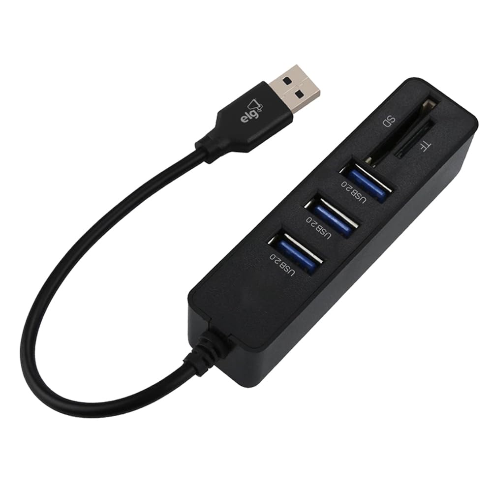 ELG Adaptador HUB USB 5 en 1 con 3 Puertos USB-A, 1 Lector de Tarjetas Mini SD y 1 Lector de Tarjetas Micro SD, Fabricado en ABS de Alta Resistencia, Color Negro, HUB51SD-V2