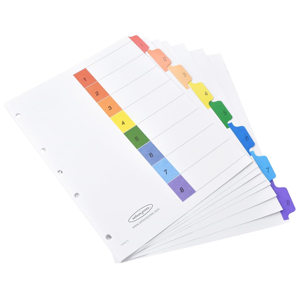 Wilson Jones Separadores Multidex de 8 Divisiones Tamaño Carta, Perforación Reforzada de 5 Orificios para Carpeta de 2 y 3 Argollas, Paquete Mayoreo de 24 Juegos. P0443