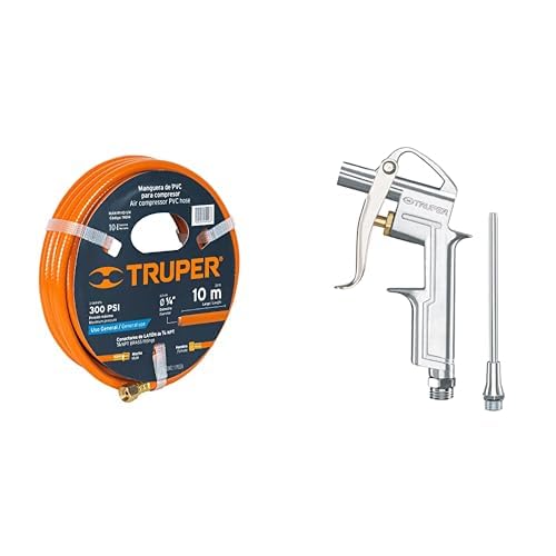 Truper MAN-PI-10-1/4, Manguera de PVC, baja presión, 10 m, 1/4" + Truper PISO-695, Pistola metálica para sopletear, con extensión de 4"