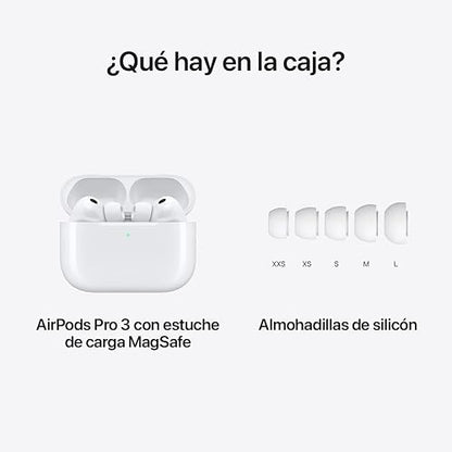 Audífonos inalámbricos AirPods Pro 3 de Apple, Cancelación Activa de Ruido, Traducción en Vivo, Detección de la frecuencia Cardiaca, audífonos Bluetooth, Audio Espacial, Sonido de Alta fidelidad