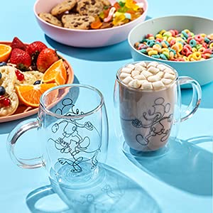 JoyJolt Aroma Disney Mickey Pluto Tazas Vidrio | Juego de 2 tazas, 13 oz, doble pared aisladas, vidrio borosilicato