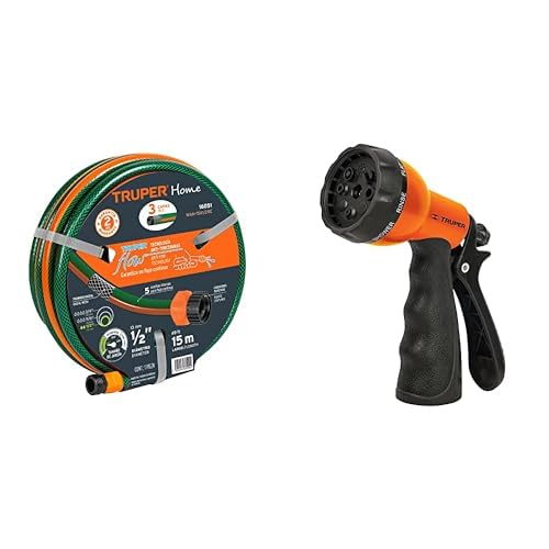 Truper MAN-15X1/2RE, Manguera 1/2", reforzada, 3 capas, conexiones plásticas, 15 m + Truper PR-409, Pistola plástica para riego, 8 funciones