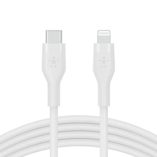 Belkin BoostCharge Flex Cable de silicona USB-C a Lightning (2 m, 6.6 pies), cable de carga certificado MFi para iPhone Series con clip de cable, color blanco