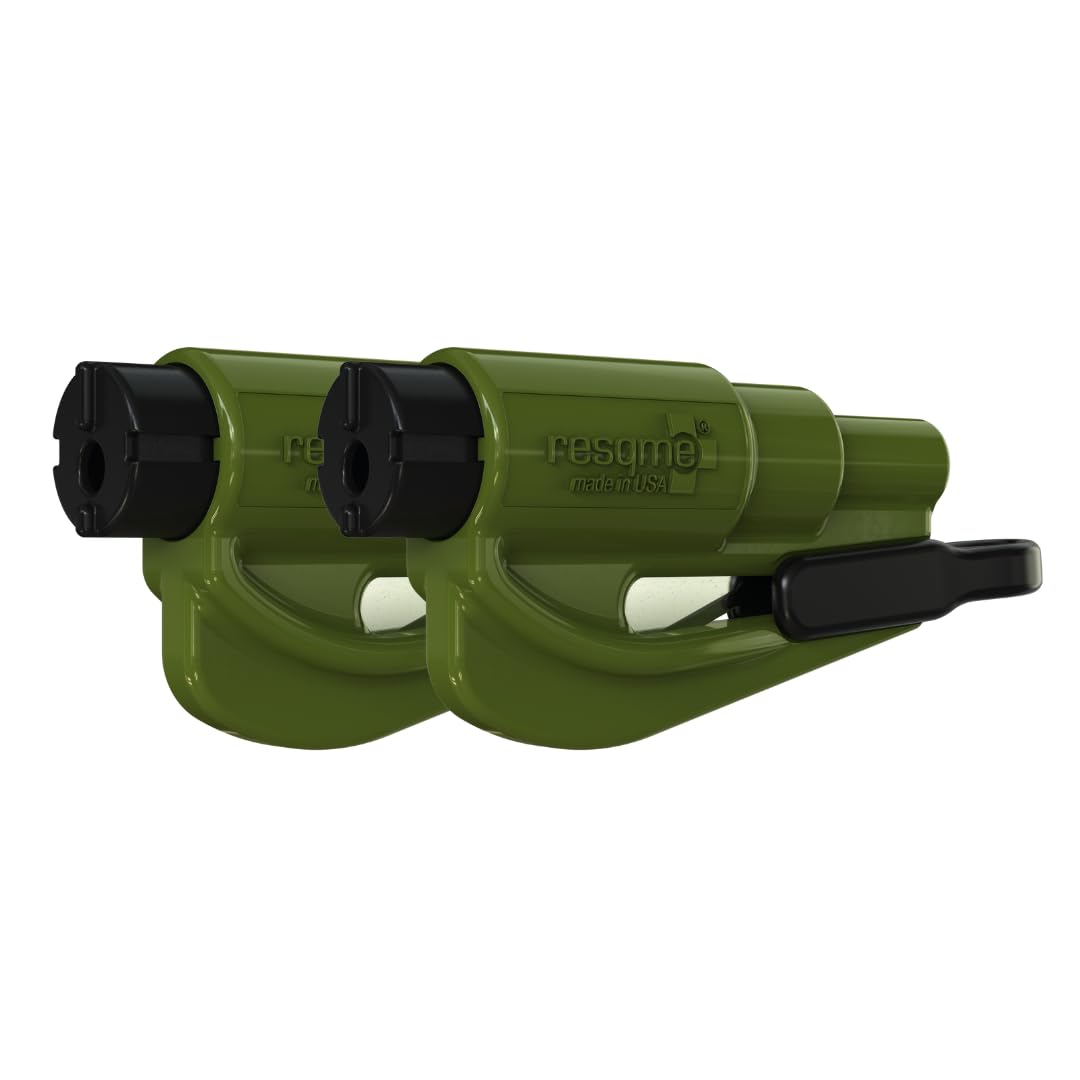 RESQME - Llavero de Emergencia Original para Escapar de Automóvil, Cortador de cinturón de Seguridad 2 en 1 y rompeventanas, Fabricado en Estados Unidos, Paquete de 2, Verde Militar, Martillo de