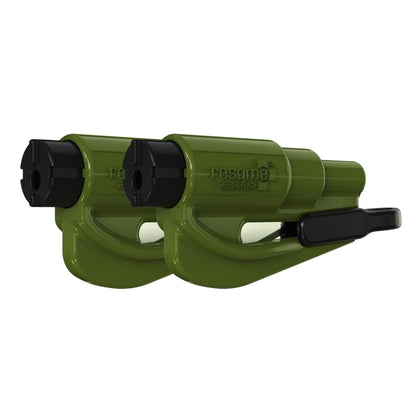 RESQME - Llavero de Emergencia Original para Escapar de Automóvil, Cortador de cinturón de Seguridad 2 en 1 y rompeventanas, Fabricado en Estados Unidos, Paquete de 2, Verde Militar, Martillo de