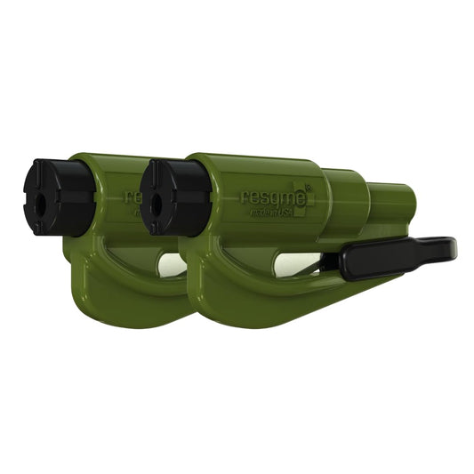 RESQME - Llavero de Emergencia Original para Escapar de Automóvil, Cortador de cinturón de Seguridad 2 en 1 y rompeventanas, Fabricado en Estados Unidos, Paquete de 2, Verde Militar, Martillo de
