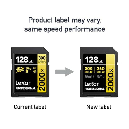 Lexar Tarjeta Profesional 2000x 128GB SDXC UHS-II, hasta 300MB/s de Lectura, para cámaras de vídeo Cine (LSD2000128G-BNNNU)