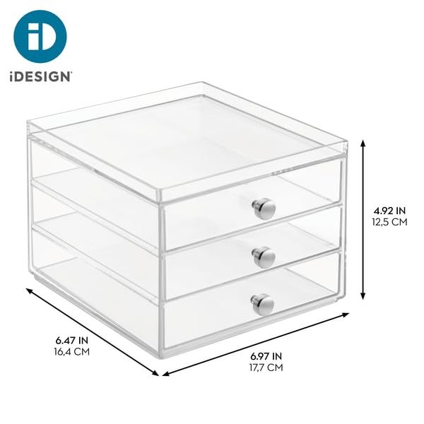 InterDesign Drawers Organizador de maquillaje con 3 cajones, Plástico transparente
