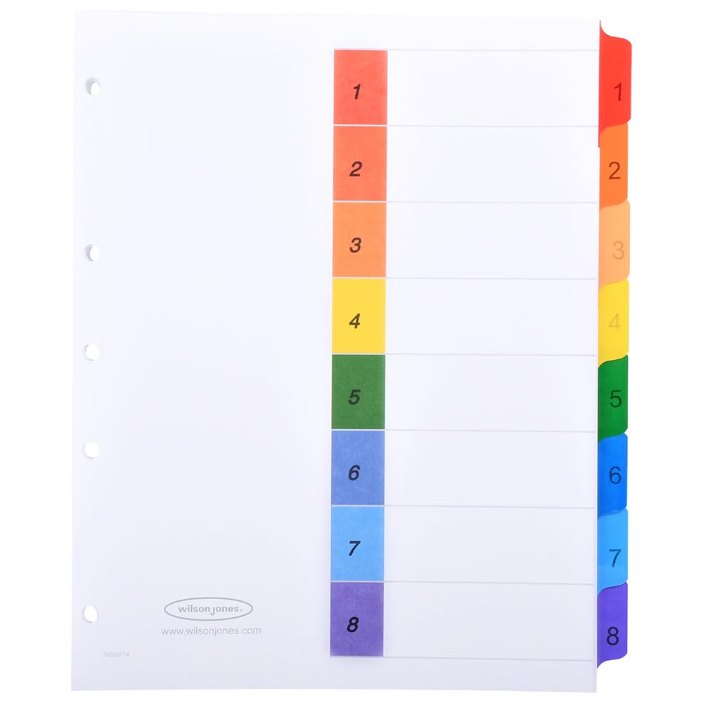 Wilson Jones Separadores Multidex de 8 Divisiones Tamaño Carta, Perforación Reforzada de 5 Orificios para Carpeta de 2 y 3 Argollas, Paquete Mayoreo de 24 Juegos. P0443