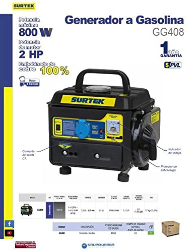 Surtek GG408 Generador a gasolina 800 W, 63 cc, voltaje de salida 120 V
