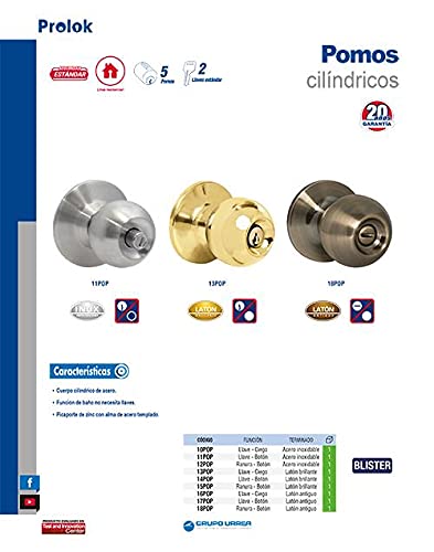 Lock 11POP Prolok Pomo Cilíndrico Bola Recamara, Acero Inoxidable