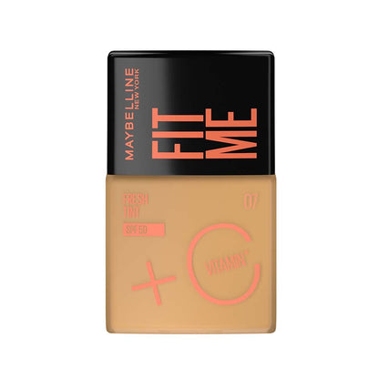 Maybelline Base de maquillaje Fit Me Fresh Tint 07, 30 ml, larga duración, alta cobertura, para todo tipo de piel, fórmula con Vitamina C y protector solar FPS50