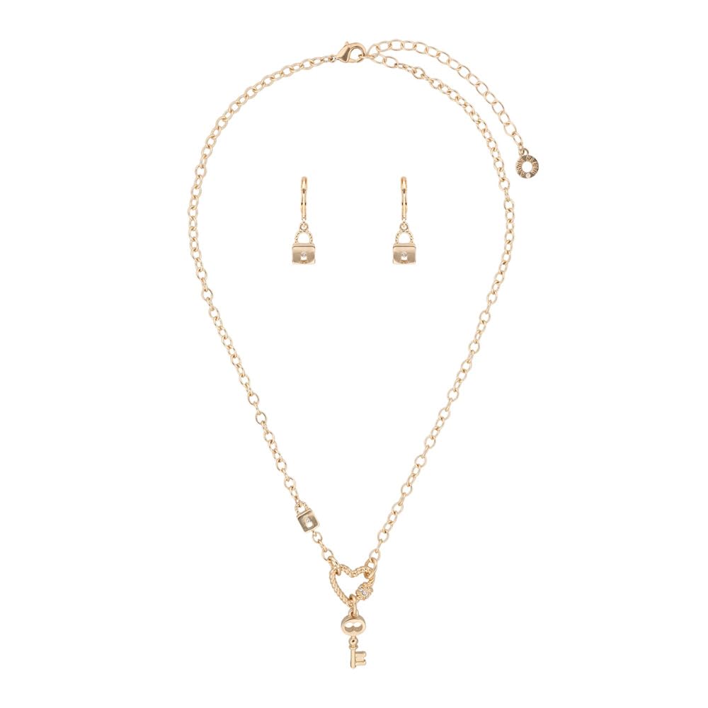 Anne Klein Collar y Aretes Dorado Llave | Caja para regalo, cierre gancho francés, aleación de metales, 1 collar + 2 pares aretes, baño dorado