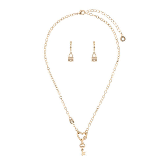 Anne Klein Collar y Aretes Dorado Llave | Caja para regalo, cierre gancho francés, aleación de metales, 1 collar + 2 pares aretes, baño dorado