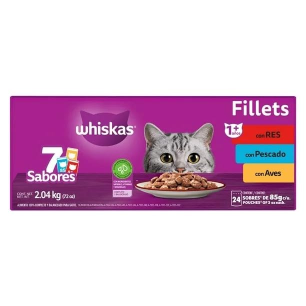 Whiskas Sobres Multisabor para Gatos Adultos Sabor Res, Pescado y Aves 24 Piezas de 85gr