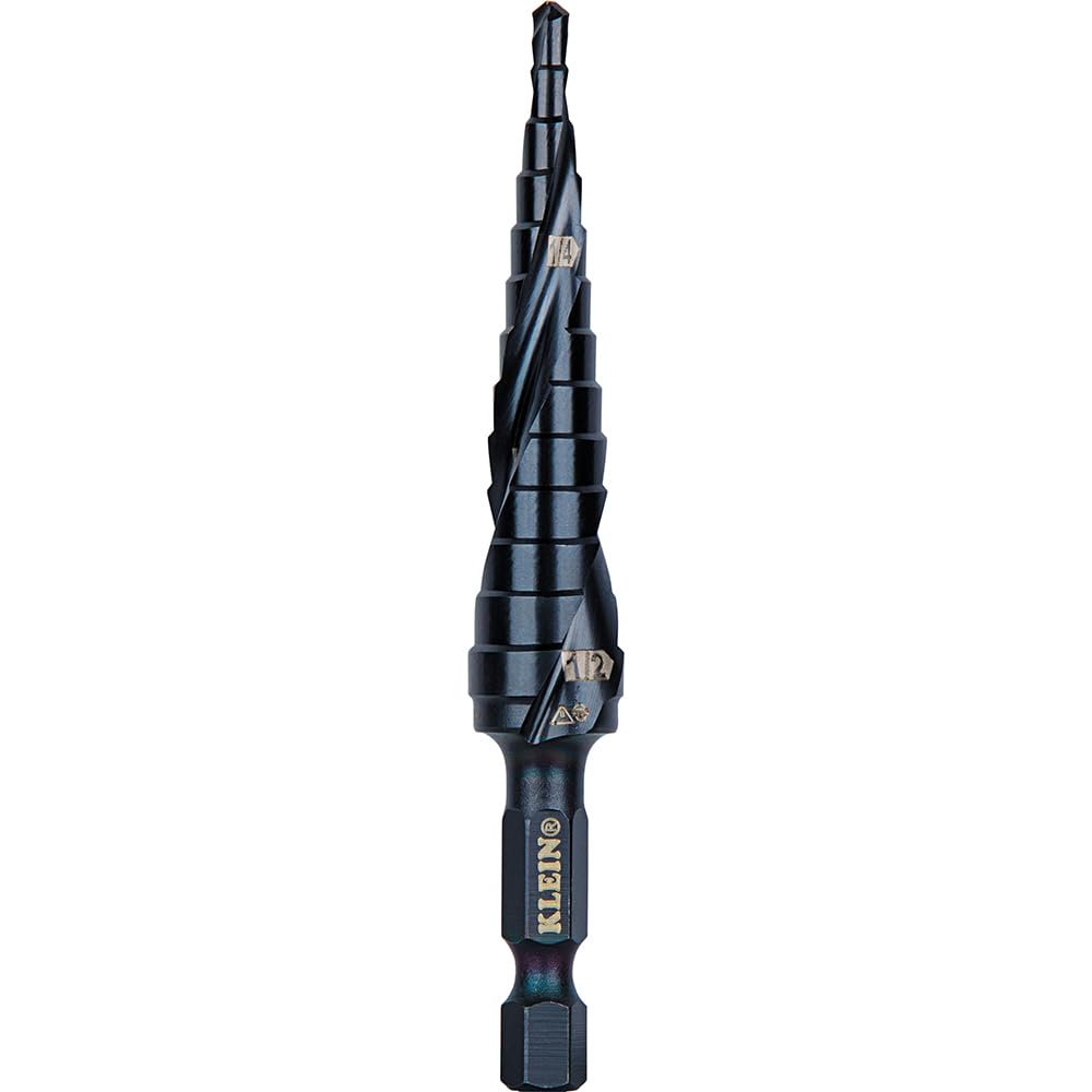 Klein Tools QRST01 Broca escalonada, espiral de liberación rápida, doble fluida, 1/8 a 1/2 pulgadas, vástago hexagonal, acero cortado, madera, plástico, aluminio