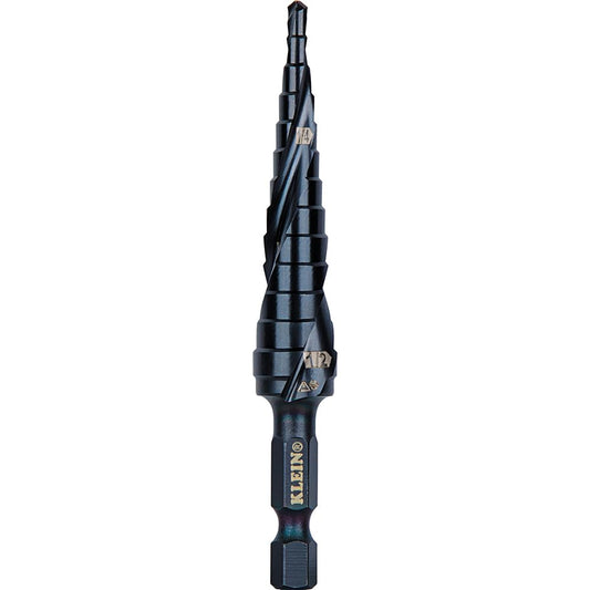 Klein Tools QRST01 Broca escalonada, espiral de liberación rápida, doble fluida, 1/8 a 1/2 pulgadas, vástago hexagonal, acero cortado, madera, plástico, aluminio