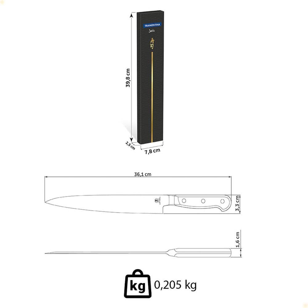 TRAMONTINA - Cuchillo Yanagiba Sushi, con Lámina de Acero Inoxidable, Mango de Policarbonato Reforzado con Fibra de Vidrio, Cubierto para Cortes Precisos, Filo Especial y Resistente, Tamaño d9"