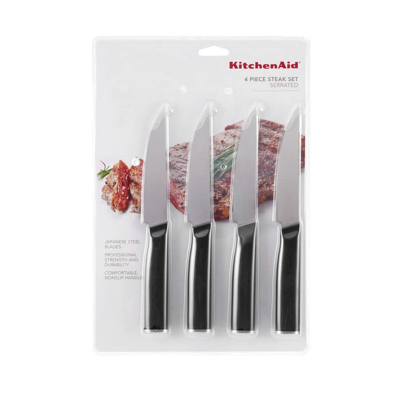 KitchenAid Classic - Juego de 4 cuchillos de carne de 4.5 pulgadas, cuchillas japonesas de alto carbono, juego de cuchillos de cocina afilados, negro
