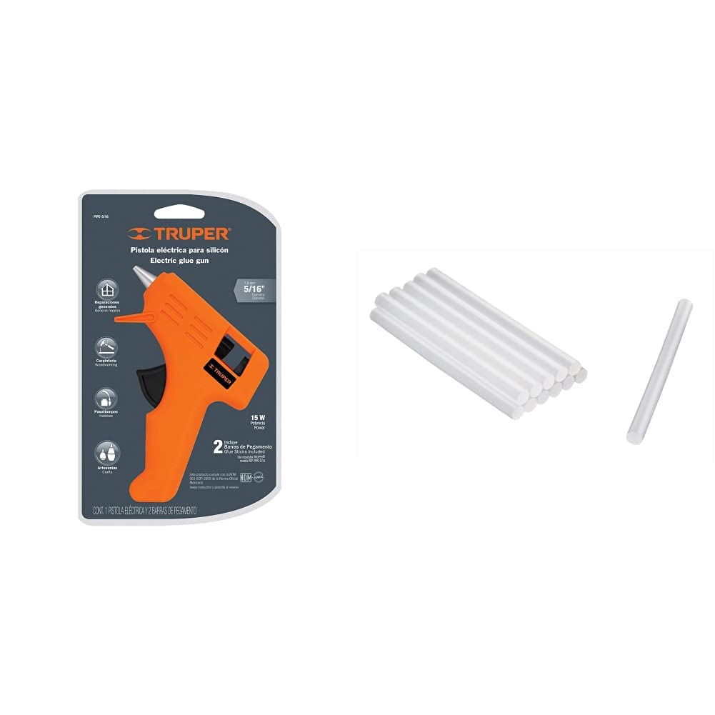 Truper PIPE-5/16, Pistola eléctrica 15 W + REP-PIPE-5/16, Barras de silicón de repuesto para PIPE-5/16, 12 pzas