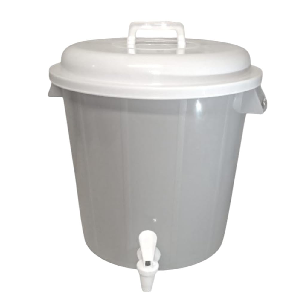 Plasvic. Bote Multifuncional de Plástico con Llave, Tapa y Asas. Perfecto para Cocina, Almacenamiento de Agua y Alimentos. Color Gris claro, tapa y llave blanca.
