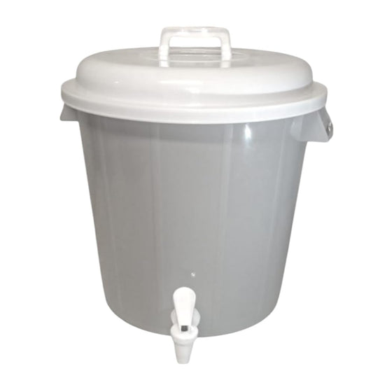 Plasvic. Bote Multifuncional de Plástico con Llave, Tapa y Asas. Perfecto para Cocina, Almacenamiento de Agua y Alimentos. Color Gris claro, tapa y llave blanca.