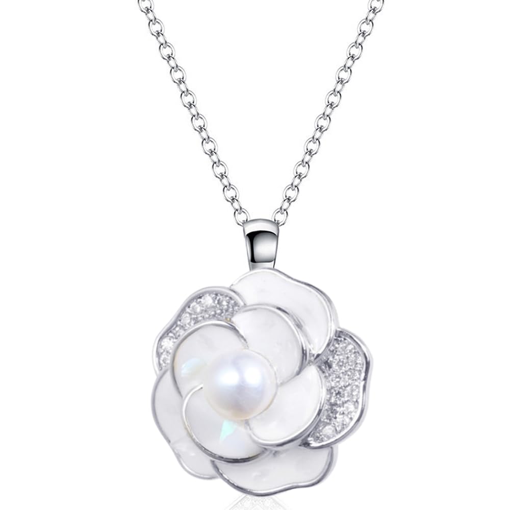 XYPHIELLE Collar de Plata 925 con Dije de Camelia para Mujer, Cadena Elegante con Perla, Joyería de Lujo para Regalo de Amor, Aniversario y Bodas