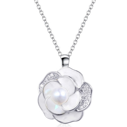 XYPHIELLE Collar de Plata 925 con Dije de Camelia para Mujer, Cadena Elegante con Perla, Joyería de Lujo para Regalo de Amor, Aniversario y Bodas