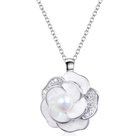 XYPHIELLE Collar de Plata 925 con Dije de Camelia para Mujer, Cadena Elegante con Perla, Joyería de Lujo para Regalo de Amor, Aniversario y Bodas
