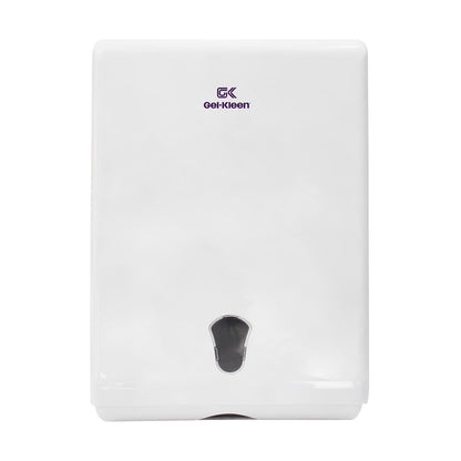Gel Kleen Despachador de Toalla Interdoblada Blanco para Pared - Dispensador Institucional de Plástico ABS Gran Capacidad (500 Toallas Interfoliadas, Z o Sanitas) para Baño, Cocina, Negocio y Oficina - BLANCO