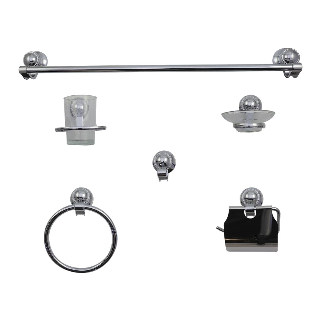 Anbec JAB6106C Juego de Accesorios para Baño 6 Piezas, Cuerpo Metálico, Incluye 1 Toallero de Barra, 1 Cepillero con Vaso, 1 Porta Rollo, 1 Jabonera con Base, 1 Toallero de Argolla, 1 Gancho, Cromado