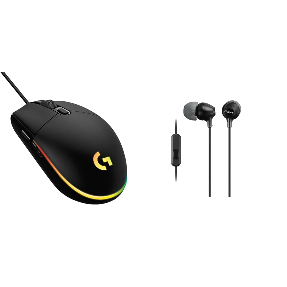 Logitech G203 LIGHTSYNC Mouse Gaming con Iluminación RGB Personalizable, 6 Botones Programables Seguimiento de hasta 8,000 dpi, Ultra-Ligero - Negro + Sony EX14AP Audífonos, Negro