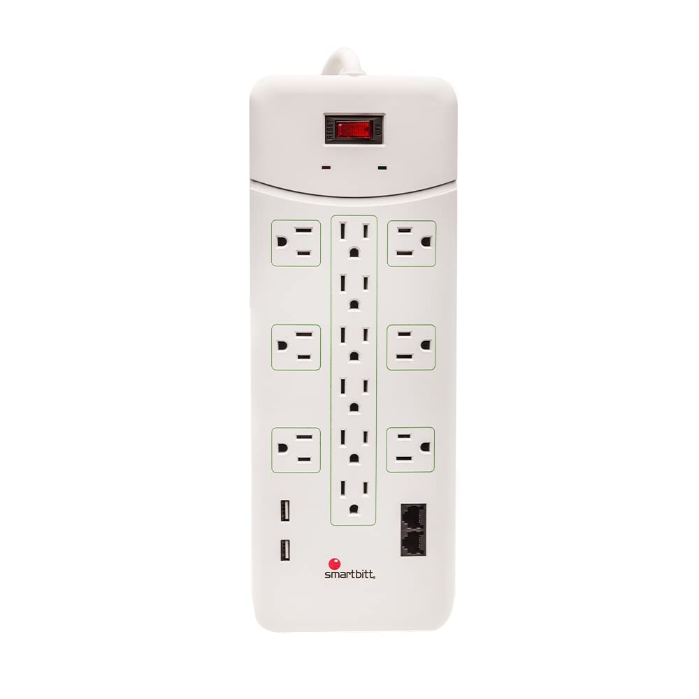 Smartbitt Supresor de Picos: Protección de Picos de Voltaje 12 contactos, 2 Puertos USB y 5 líneas telefónicas - Blanco