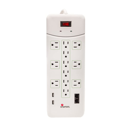 Smartbitt Supresor de Picos: Protección de Picos de Voltaje 12 contactos, 2 Puertos USB y 5 líneas telefónicas - Blanco