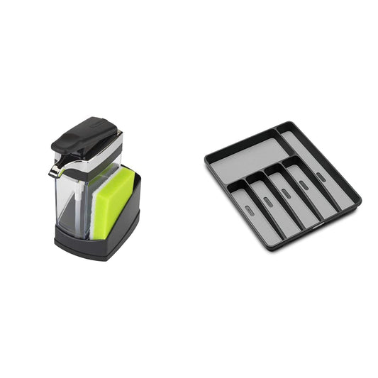 Casabella Sink Sider Jabonera con Esponja para Fregadero, Negro, 1, 1 + Madesmart 29606 Bandeja para Cubiertos de 6 Compartimentos, Granite, Grande 16" x 12.9" x 1.88" (40.64 x 32.77 x 4.76 cm)