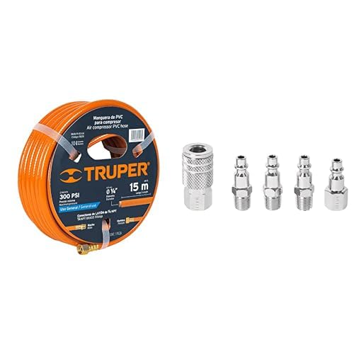 Truper MAN-PI-15-1/4, Manguera de PVC, baja presión, 15 m, 1/4" + Pretul CORAL-5P, Juego de 4 conectores y 1 cople para compresor, Pretul