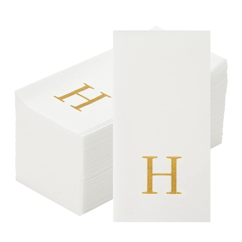 Luxenap - Toallas de lino de 15.8 x 7.9 pulgadas, 50 toallas de mano con letras - letra dorada 'H', letra Sans Serif Font, servilletas de papel blanco, airlaid, para baños y mesas, artículos de