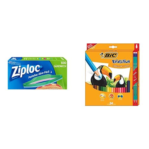 Ziploc Bolsas Herméticas para Sandwich, 100 Bolsas + BIC, Lápices de Coloresd 24 piezas + 2 Lápices Gratis
