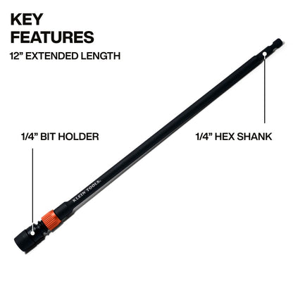 Klein Tools Extensión de Impacto de Doble Bloqueo 31089 | 12 pulgadas, vástago hexagonal 1/4 pulgadas, liberación rápida, bloqueo giratorio, para espacios reducidos