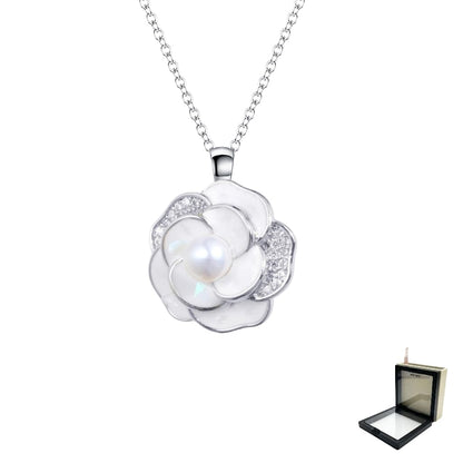 XYPHIELLE Collar de Plata 925 con Dije de Camelia para Mujer, Cadena Elegante con Perla, Joyería de Lujo para Regalo de Amor, Aniversario y Bodas