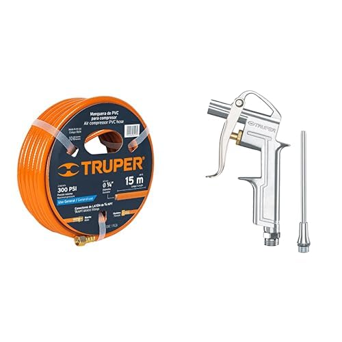 Truper MAN-PI-15-1/4, Manguera de PVC, baja presión, 15 m, 1/4" + Truper PISO-695, Pistola metálica para sopletear, con extensión de 4"