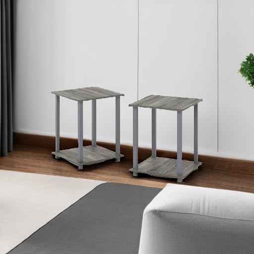 Furinno 12127GYW/GY Simplistic End Table, French Oak Grey, Set of 2 | Mesa auxiliar auxiliar de 2 niveles, compacta, cuadrada, moderna, mesita de noche, mesita de noche, mesita de noche